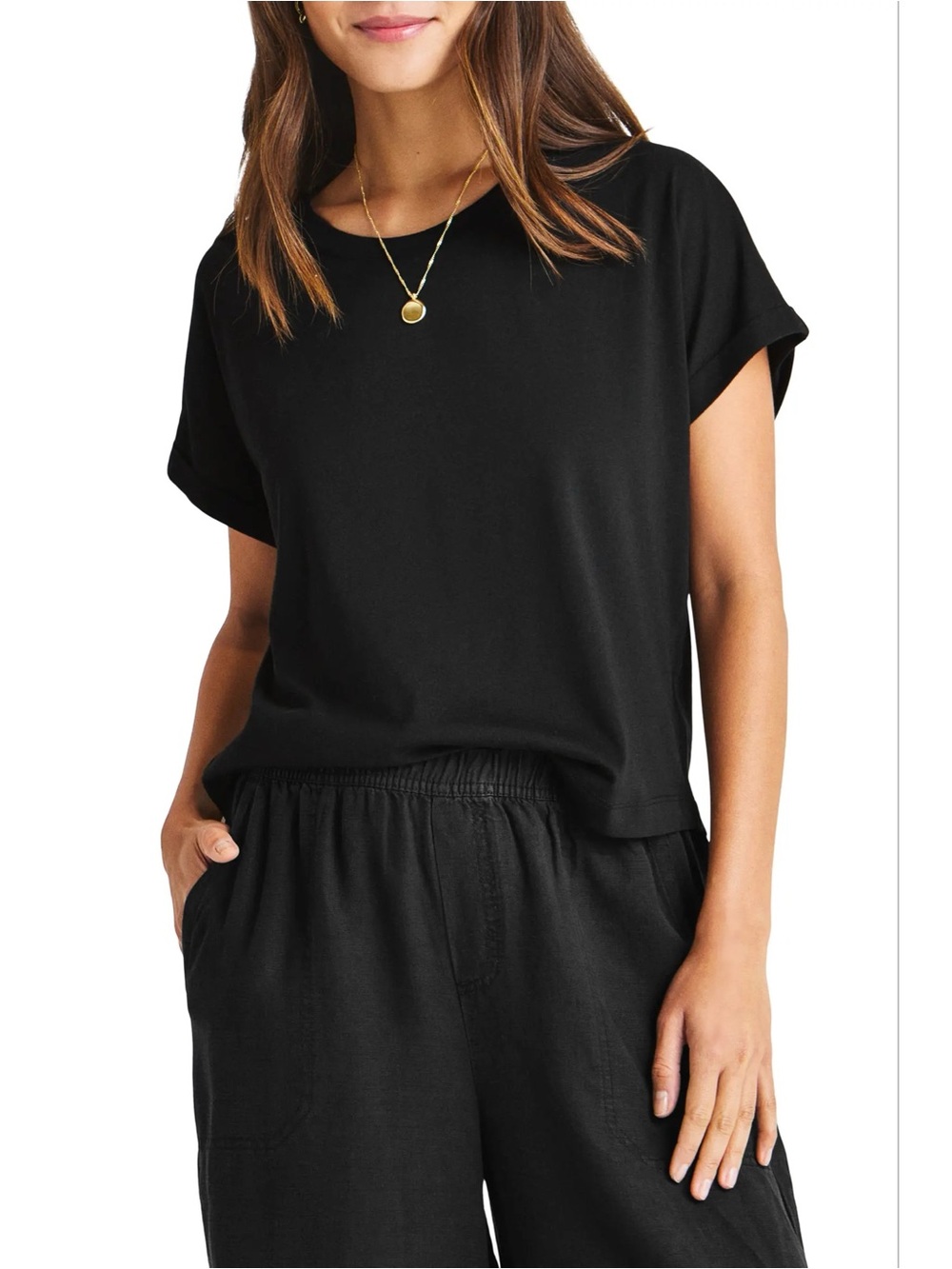 Splendid Women's Skye Cuffed Tee Short Sleeve T-Shirt Black Large Soft Knit